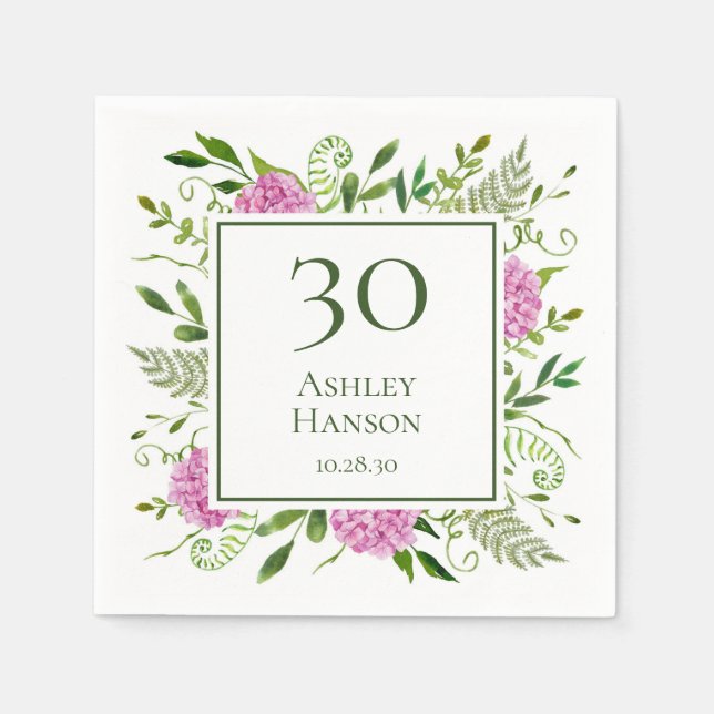 30th Birthday Pink Hydrangeas Napkin (Front)