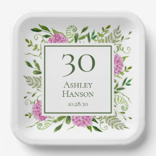 30th Birthday Pink Hydrangeas Paper Plate