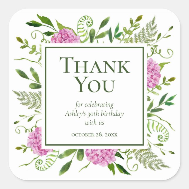 30th Birthday Pink Hydrangeas Thank You Square Sticker (Front)