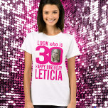 30th birthday pink look 30 custom photo and name T-Shirt<br><div class="desc">30th birthday pink on white, look who is 30 custom photo and name t-shirt. Fun 30th personalized photo hot pink and white birthday tee design. Personalize this birthday shirt with a photograph of the birthday girl in the middle of the number 0. Great idea for adding some fun to a...</div>