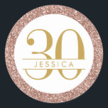 30th Birthday Pink Personalized Rose Gold Glitter Classic Round Sticker<br><div class="desc">Pink glitter chic rose gold sparkle round border on an elegant and classic sophisticated 30th birthday party favour label or envelope seal with her name personalized in the middle.</div>