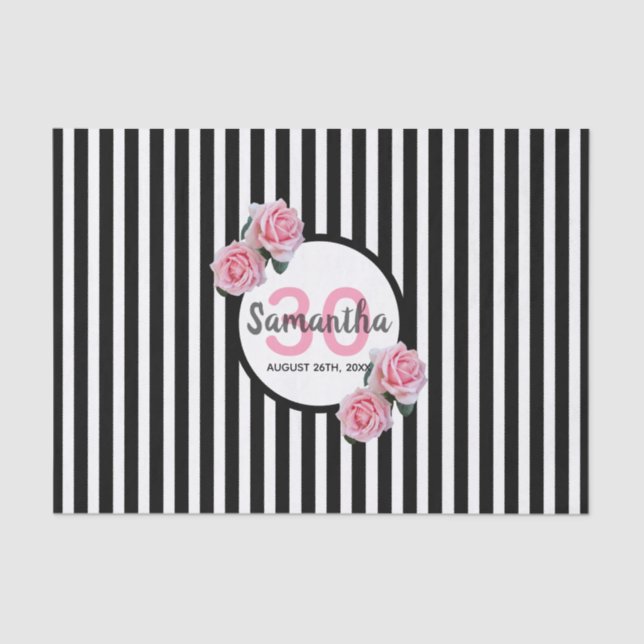 30th birthday pink roses black white stripes name tissue paper (Front)