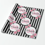 30th birthday pink roses black white stripes name wrapping paper<br><div class="desc">Classic slim black and white vertical stripes as background. With girly, feminine and romantic pink roses as decoration. Perfect for an elegant 30th birthday party for her. White and black frames with templates for name and age. Age number 30 in pink, name and date in black. The name is written...</div>