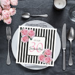 30th birthday pink roses black white stripes napkin<br><div class="desc">A napkin for a 30th birthday party. Classic slim black and white vertical stripes as background. With girly and feminine pink roses as decoration. A white and pink frame on front with template for age, name and date. Age number 30 in pink, name and date in black. The name is...</div>