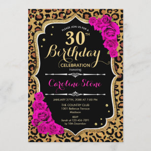30th Birthday - Pink Roses Leopard Print Invitation