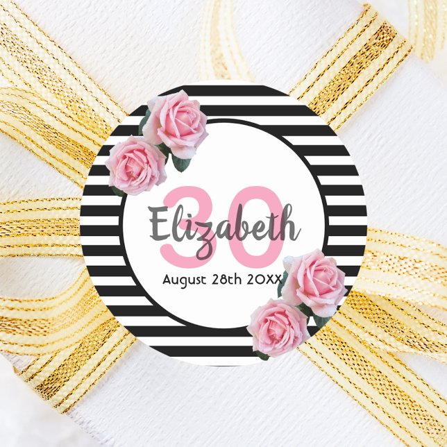 30th birthday pink roses on black white stripes classic round sticker (Creator Uploaded)