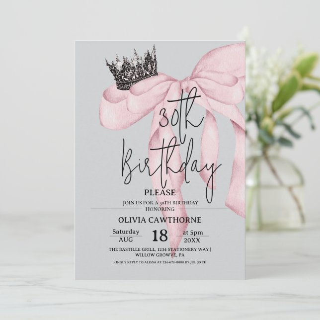 30th Birthday ⎮ Pink Royal Bow Birthday  Invitation (Standing Front)
