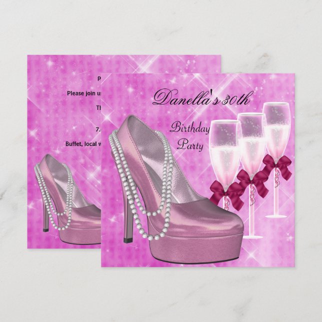 30th Birthday Pink Shoes Hi Heels Champagne 2 Invitation (Front/Back)