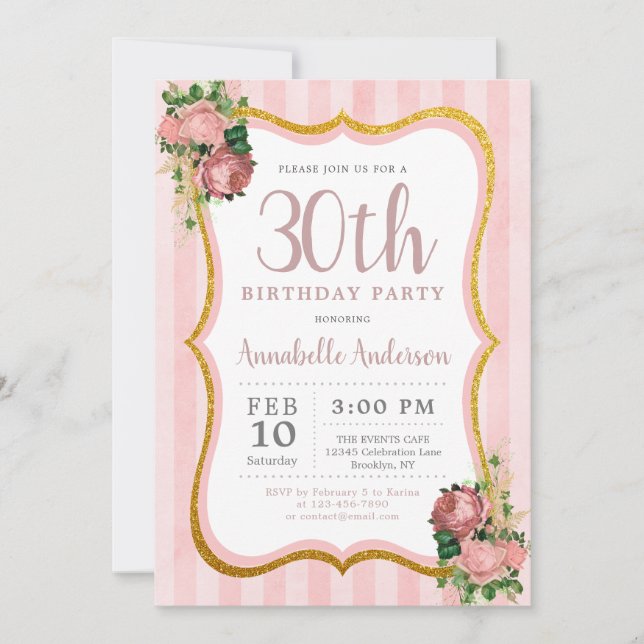 30th Birthday Pink Stripe Floral Gold Glitter Chic Invitation (Front)