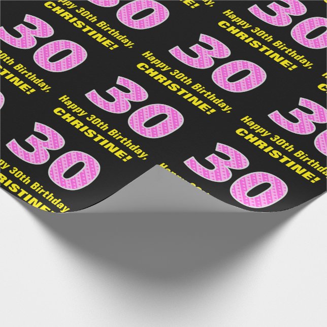 30th Birthday: Pink Stripes and Hearts "30" + Name Wrapping Paper (Corner)