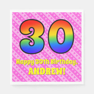 30th Birthday: Pink Stripes & Hearts, Rainbow # 30 Napkin