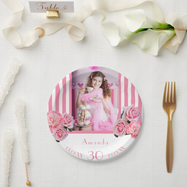 30th birthday pink white stripes florals photo paper plate (Wedding)