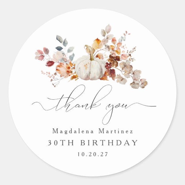30th Birthday Pumpkin Fall Flower Thank You Classic Round Sticker (Front)