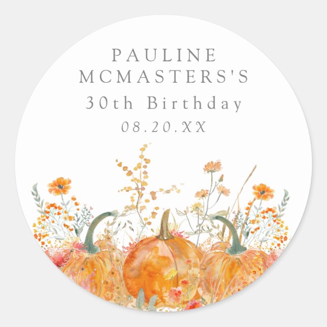 30th Birthday Pumpkin Wildflower Custom Favour Classic Round Sticker (Front)