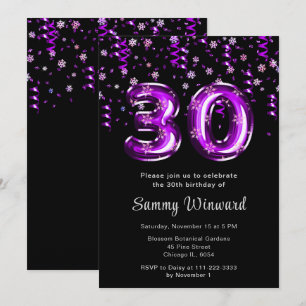 30th Birthday Purple Balloons Snowflake Confetti Invitation