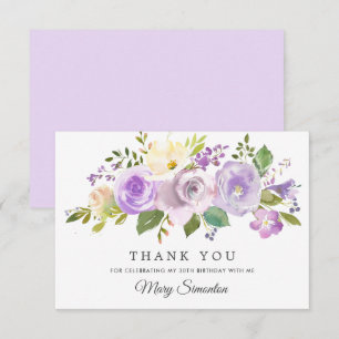 30th Birthday Purple Rose Floral Flat Thank You Card
