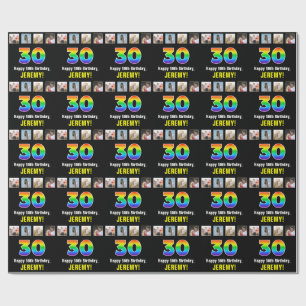 30th Birthday: Rainbow “30“; Custom Photos & Name Wrapping Paper