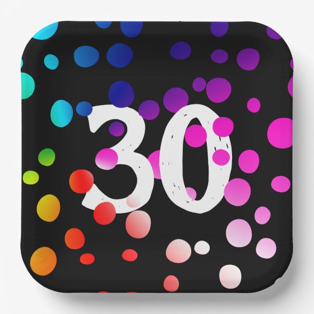 30th Birthday Rainbow Dots on Black  Paper Plate (Front)