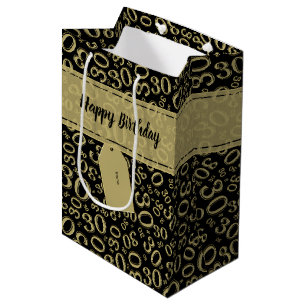 30th Birthday Random Number Pattern Black/Gold Medium Gift Bag