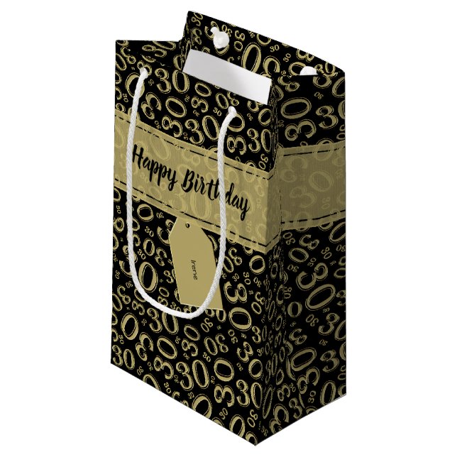 30th Birthday Random Number Pattern Black/Gold Small Gift Bag (Front Angled)