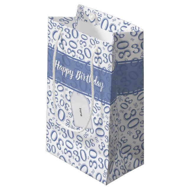 30th Birthday Random Number Pattern Blue/White Small Gift Bag (Front Angled)