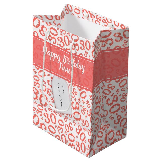 30th Birthday Random Number Pattern Coral/White Medium Gift Bag (Front Angled)