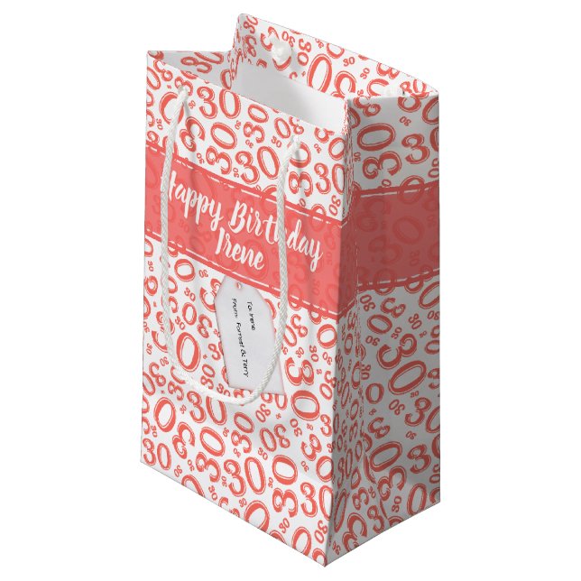 30th Birthday Random Number Pattern Coral/White Small Gift Bag (Front Angled)