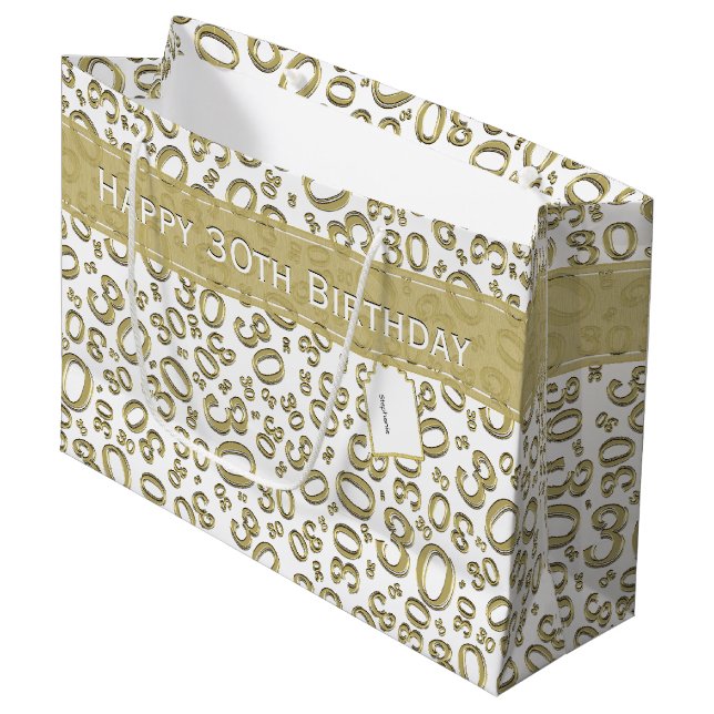 30th Birthday Random Number Pattern Gold/White Large Gift Bag (Front Angled)