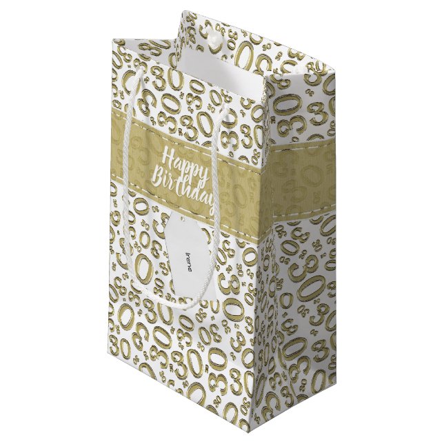 30th Birthday Random Number Pattern Gold/White Small Gift Bag (Front Angled)