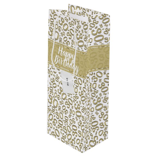 30th Birthday Random Number Pattern Gold/White Wine Gift Bag (Front Angled)