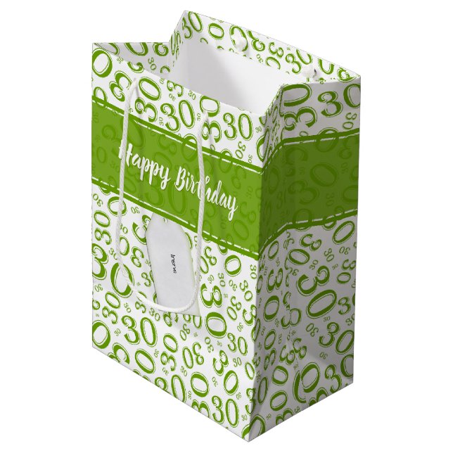30th Birthday Random Number Pattern Green/White Medium Gift Bag (Front Angled)