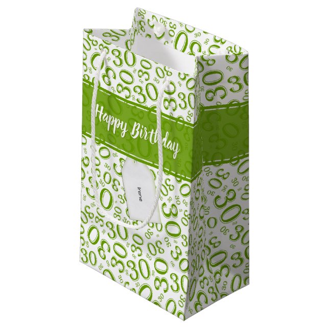 30th Birthday Random Number Pattern Green/White Small Gift Bag (Front Angled)