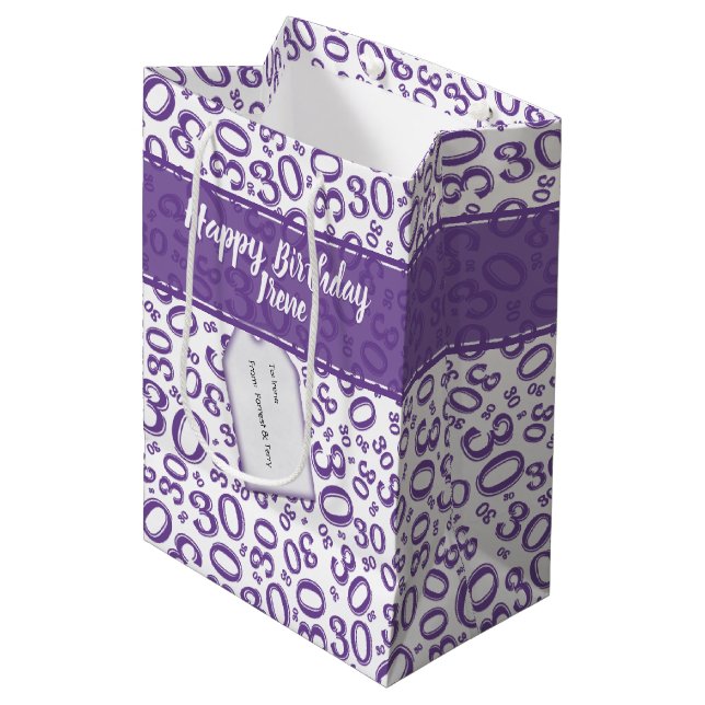 30th Birthday Random Number Pattern Purple/White Medium Gift Bag (Front Angled)