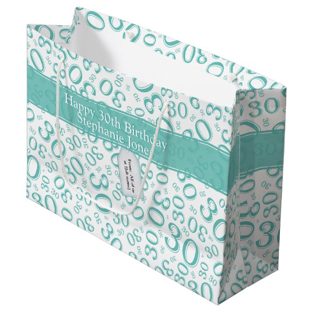 30th Birthday Random Number Pattern Teal/White Large Gift Bag (Front Angled)