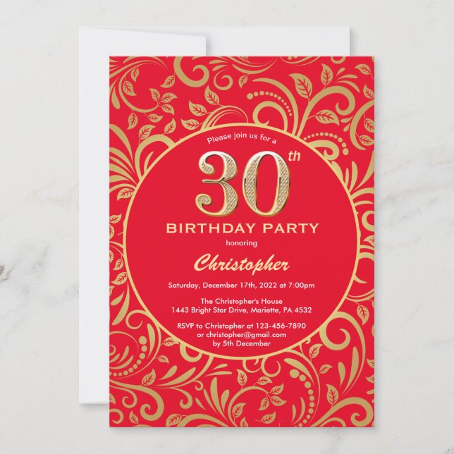 30th Birthday Red and Gold Floral Pattern Invitation (Front)