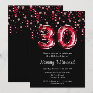 30th Birthday Red Balloons Snowflake Confetti Invitation