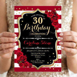 30th Birthday - Red Gold Black White Stripes Roses Invitation