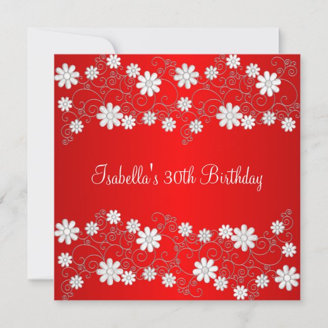 30th Birthday Red & White Floral Invitation (Front)