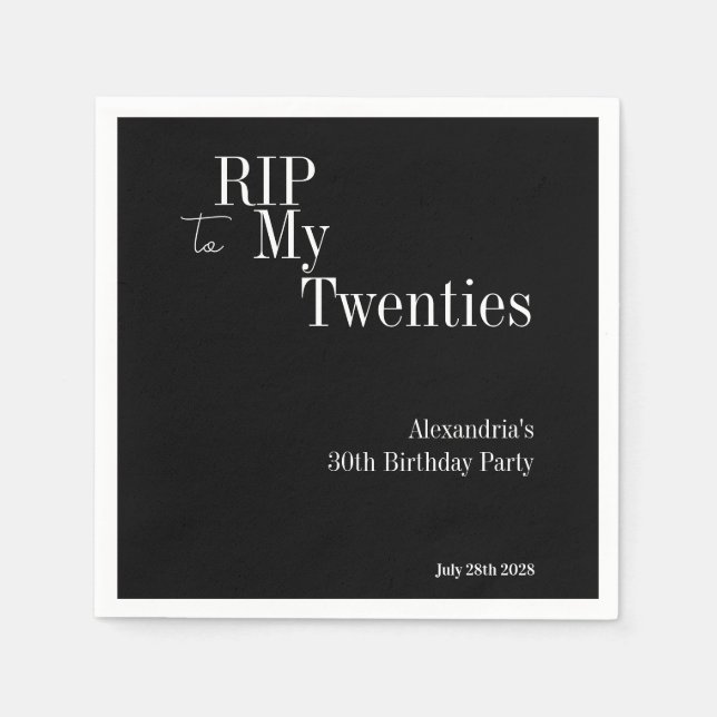30th Birthday RIP 20s Black and White Party Napkin (Front)