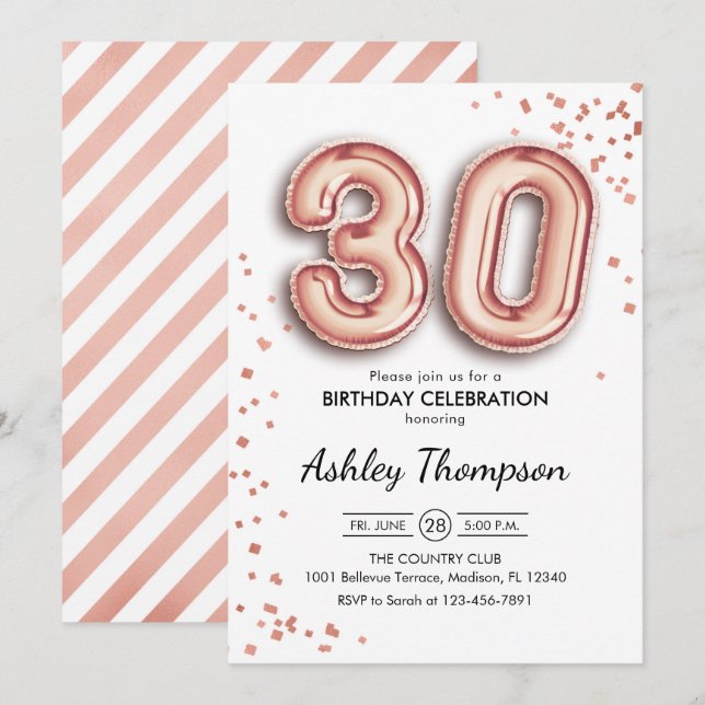 30th Birthday - Rose Gold Balloons Invitation (Front/Back)