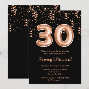 30th Birthday Rose Gold Balloons with Confetti Invitation
