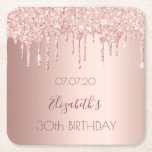 30th birthday rose gold blush glitter drips square paper coaster<br><div class="desc">A coaster for a girly and glamourous 30th birthday party with the girls. A faux rose gold background with an elegant faux rose gold glitter drips, paint drip look. The text: The name is written in dark rose gold with a modern hand lettered style script. Tempate for a date and...</div>