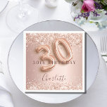 30th birthday rose gold blush glitter name napkin<br><div class="desc">Elegant, classic, glamourous and girly for a 30th birthday party. Rose gold and blush gradient background. Decorated with rose gold, faux glitter, sparkles. Personalize and add a name. The name is written with a modern dark rose coloured hand lettered style script. Number 30 is written with a balloon style font....</div>