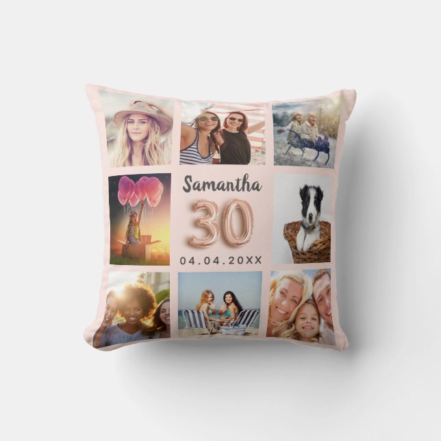 30th birthday rose gold blush pink photo collage throw pillow (Front)