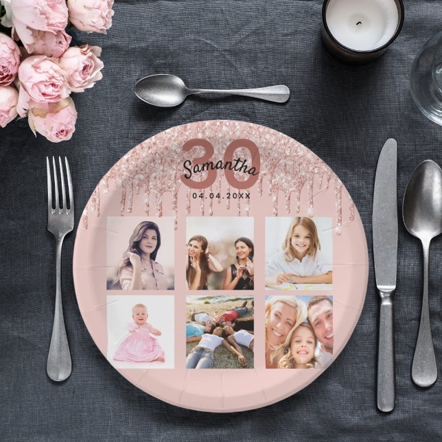30th birthday rose gold blush pink photo paper plate (Creator Uploaded)