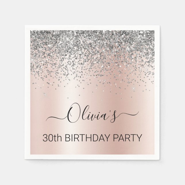 30th Birthday Rose Gold Blush Pink Silver Glitter Napkin (Front)