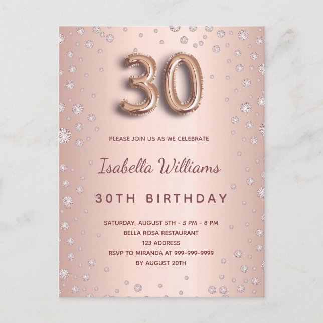 30th birthday rose gold diamonds elegant postcard (Front)