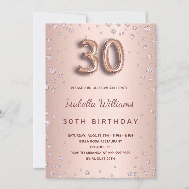 30th birthday rose gold diamonds script glamourous invitation (Front)
