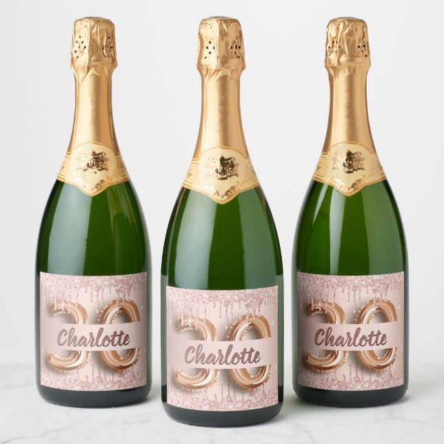 30th birthday rose gold glitter monogram luxury sparkling wine label (Bottles)