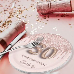 30th birthday rose gold glitter pink balloon style paper plate